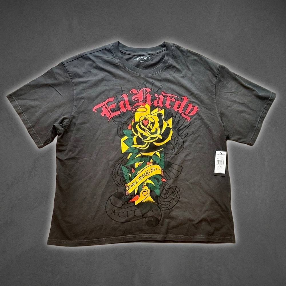 Ed Hardy Mens Sunfade Grey Rose Tattoo Graphic T-Shirt XXL EHM1101-50